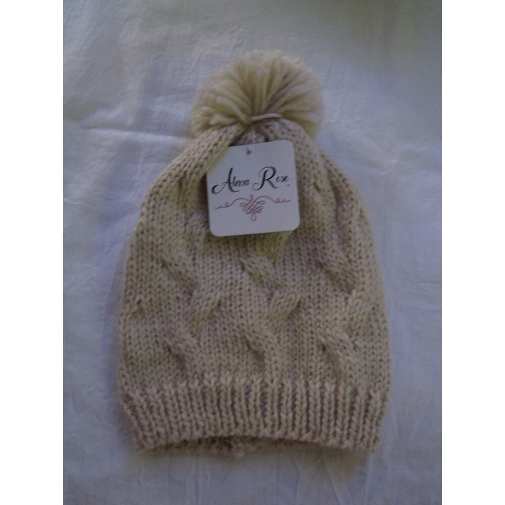 NEW Alexa Rose Winter Knit Hat Beanie Tuk Gold Tan Woven Girl's Pom Pom‎ Stretch